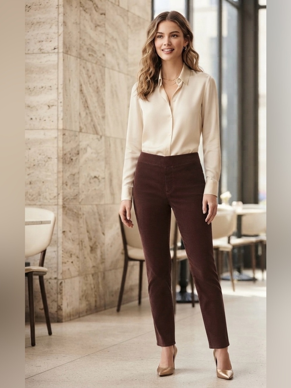 Michael Kors high-waisted brown corduroy trousers, stretch fabric, size XS